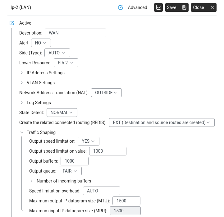 Port settings — Traffic Shaping expanded showing Output speed limitation set to YES with value 1000.