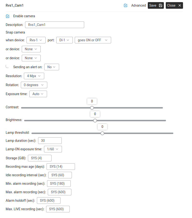 Full camera settings with recording parameters.