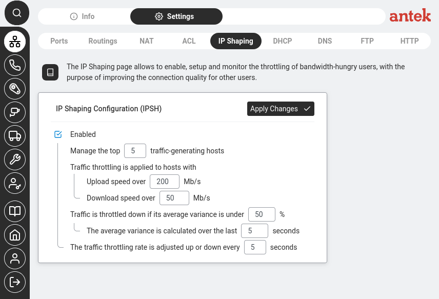IP Shaping configuration — thresholds for bandwidth-hungry hosts.