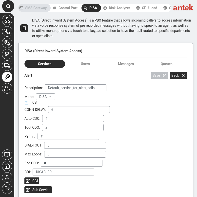 DISA service detail showing Sub Service button for nested menus.