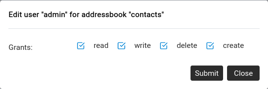 Edit user grants for an LDAP address book — checkboxes for read, write, delete, create.