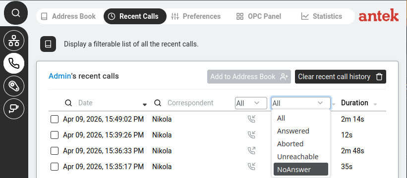 Recent Calls with the filter dropdown open showing NoAnswer selected.