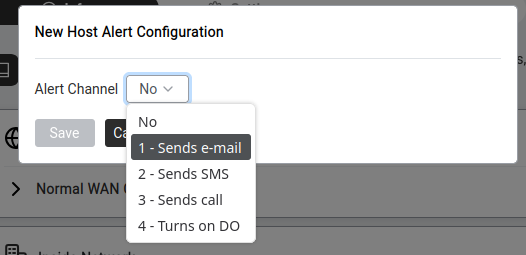 New Host Alert Configuration — choose what happens when a new device is detected.
