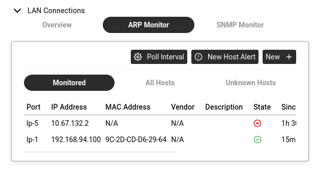 ARP Monitor tab — buttons for Poll Interval, New Host Alert, and New +.