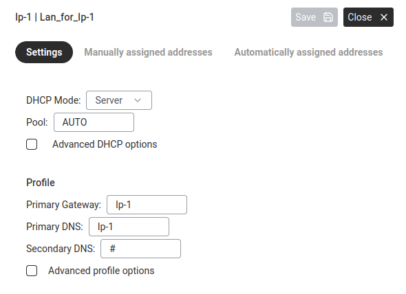 DHCP Settings — Server mode, Pool, gateway, and DNS configuration.