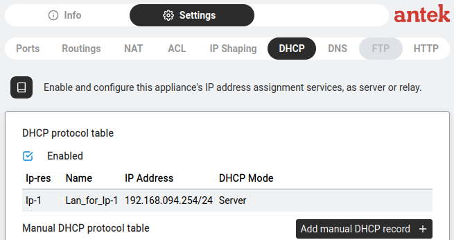 DHCP main page — protocol table showing one enabled DHCP Server on Ip-1.
