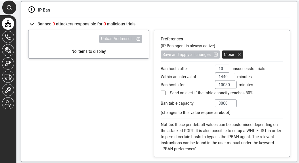 IP Ban section expanded — showing the Unban Addresses button and Preferences panel with all configurable fields.