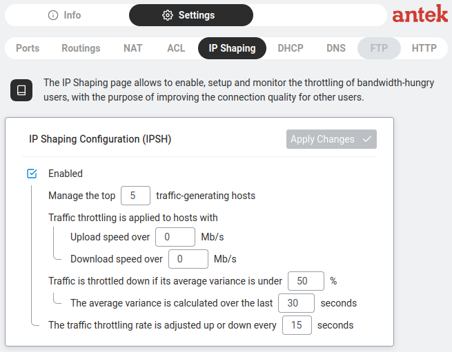 IP Shaping Configuration — all settings for traffic throttling.