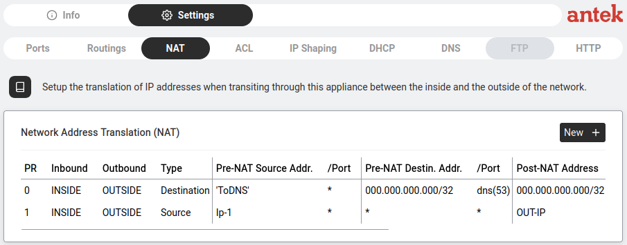 NAT table — showing two default rules for DNS redirection and source NAT.