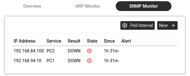 SNMP Monitor tab — service monitoring with state indicators.