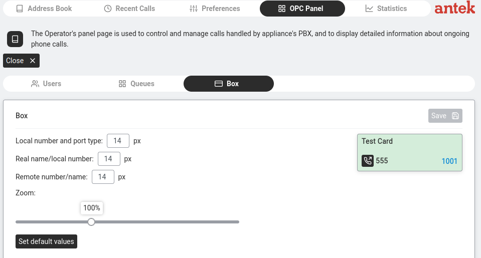 OPC Panel — Box sub-tab showing the grid layout of extension status indicators.