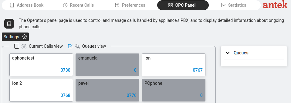 OPC Panel — Users sub-tab showing a list of monitored extensions with their status.