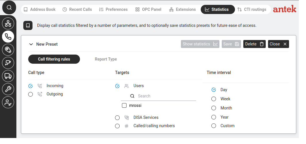 Call filtering rules — select call type, users, and time interval.