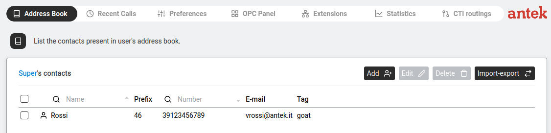 Address Book — the contact list showing Name, Number, and Type columns with Delete and Import-export buttons at top right.