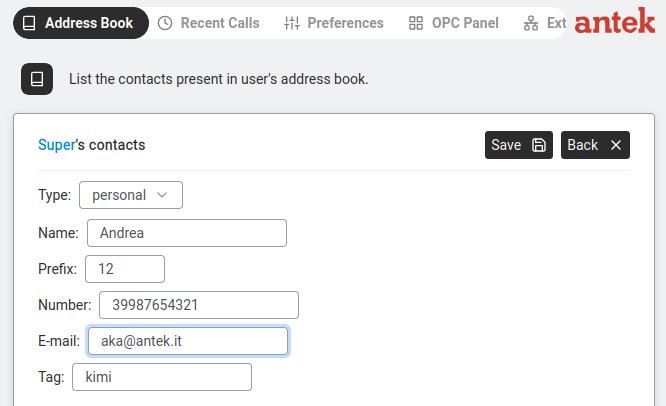 Add Contact dialog — fields for Name, Number, and contact type selection.