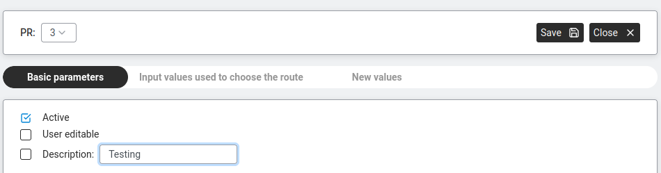 New routing — Basic parameters sub-tab with Active, User editable, and Description fields.