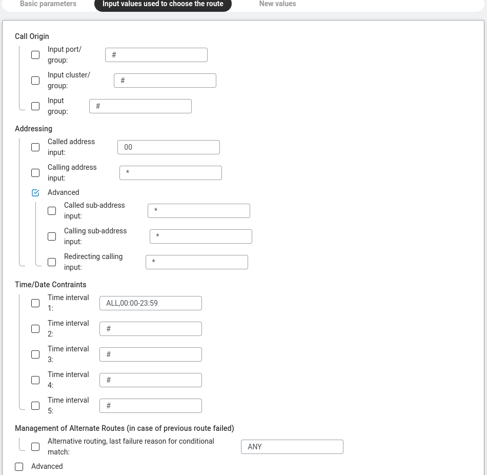 New routing — Input values sub-tab showing Call Origin, Addressing, Time/Date Constraints, and Management of Alternate Routes.