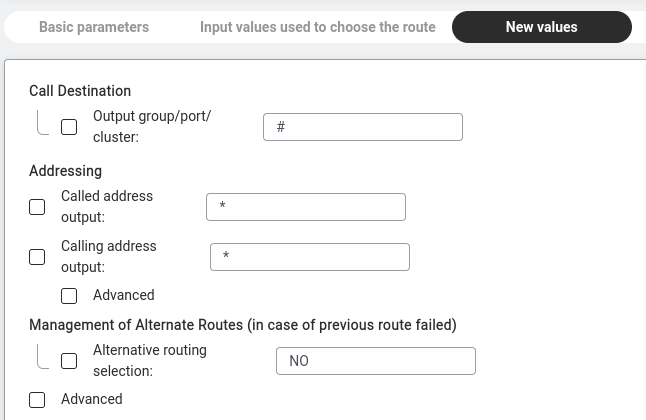 New routing — New values sub-tab showing Call Destination, Addressing output, and Alternative routing selection.