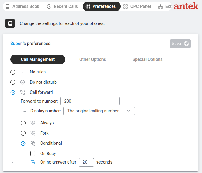 Preferences — Call Management sub-tab showing No rules (selected), Do not disturb, and Call forward options.