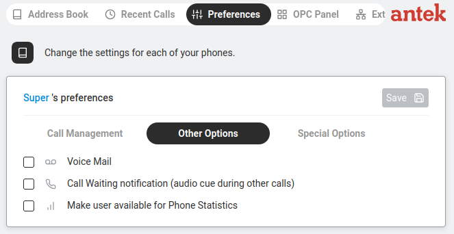 Preferences — Other Options sub-tab with Voice Mail, Voice Recorder, Call Waiting notification, and Phone Statistics checkboxes.