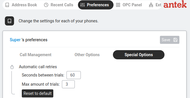 Preferences — Special Options sub-tab showing Automatic call retries settings with Seconds between trials and Max amount of trials.