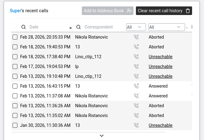 Recent Calls — the call log table with columns for call direction, date/time, caller, and destination.
