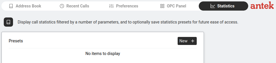 Statistics — Presets list (empty on a fresh install). Click New + to create a statistics preset.