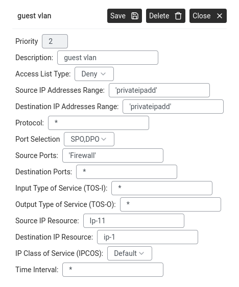 ACL rule dialog — Deny rule blocking traffic between two subnets.