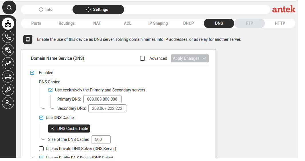 DNS Filtering page — showing the DNS blacklist and whitelist configuration with domain entries.