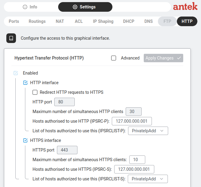 HTTP Settings — basic configuration including listening port, HTTPS options, and session timeouts.