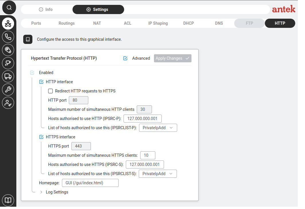 HTTP Settings — Advanced tab showing detailed server parameters and security options.
