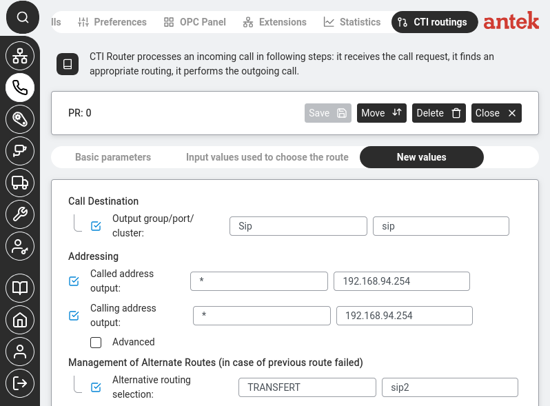 CTI routing rule sending outbound calls to the SIP trunk.