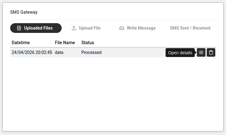 SMS Gateway — Uploaded Files tab showing a processed CSV.