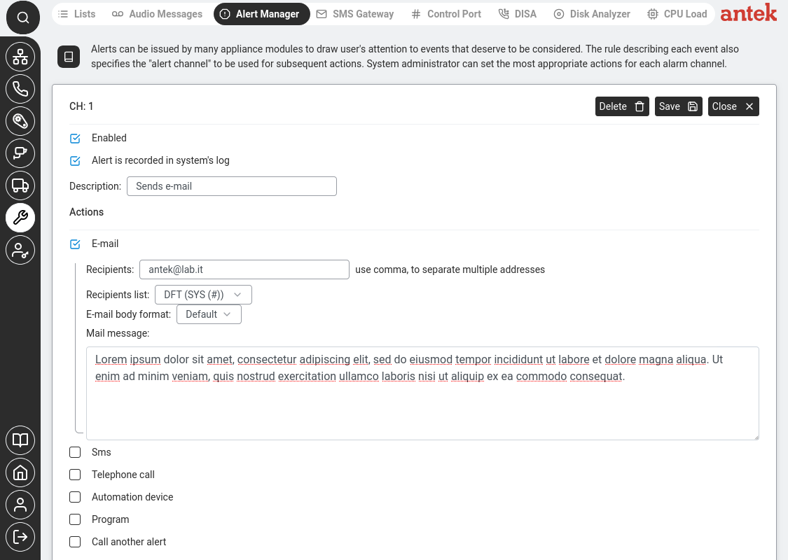Alert Manager channel detail — e-mail configuration with recipients and message.