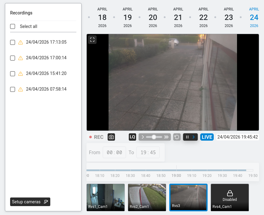 Live camera view with recording controls, timeline, and camera thumbnails.