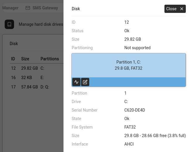 Disk detail showing partition size, free space, and file system.