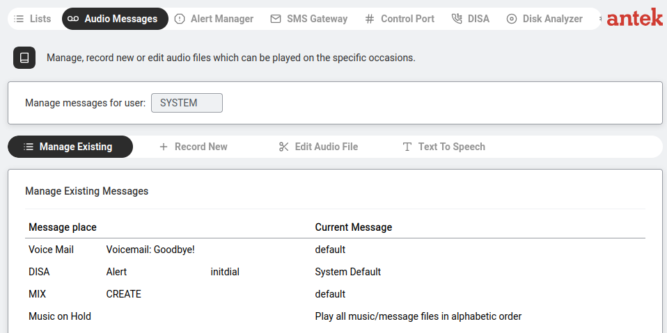 Audio Messages — the list of existing audio files with play, download, and delete actions.
