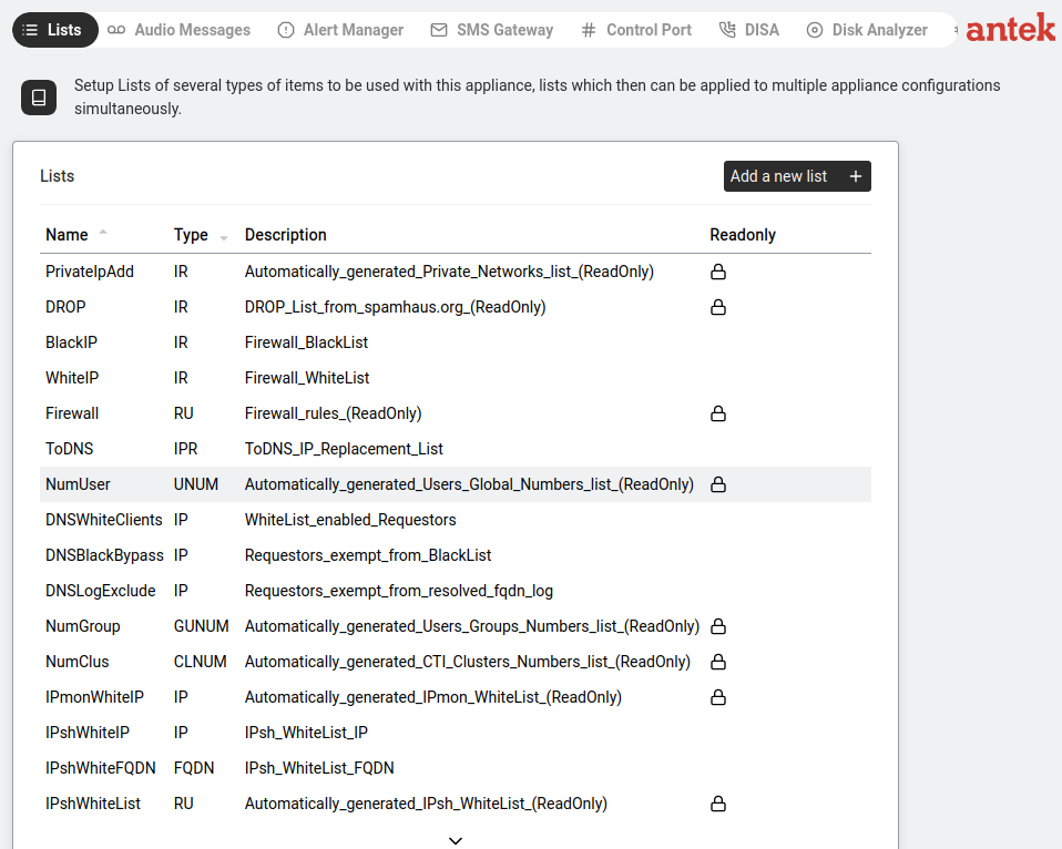 Lists — the full list view showing all defined lists with their names, types, and entry counts.