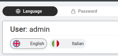 The Language page — click English or Italian to switch the interface language.