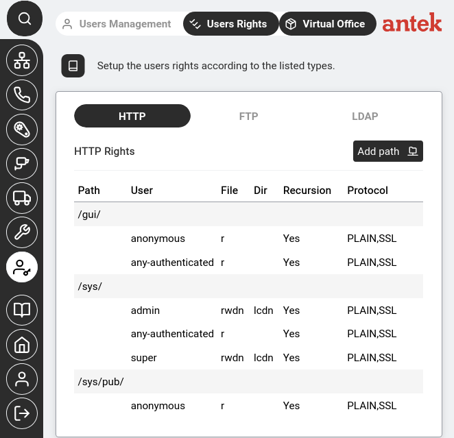 HTTP Rights — paths with user permissions for the web interface.