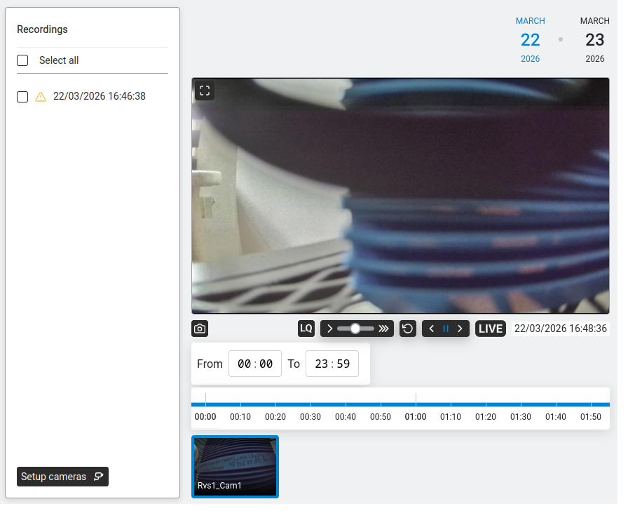 Videorecorder — recorded footage playback with timeline and controls.
