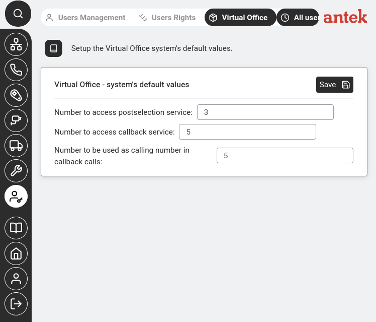 Virtual Office — system default values for postselection, callback, and calling number.