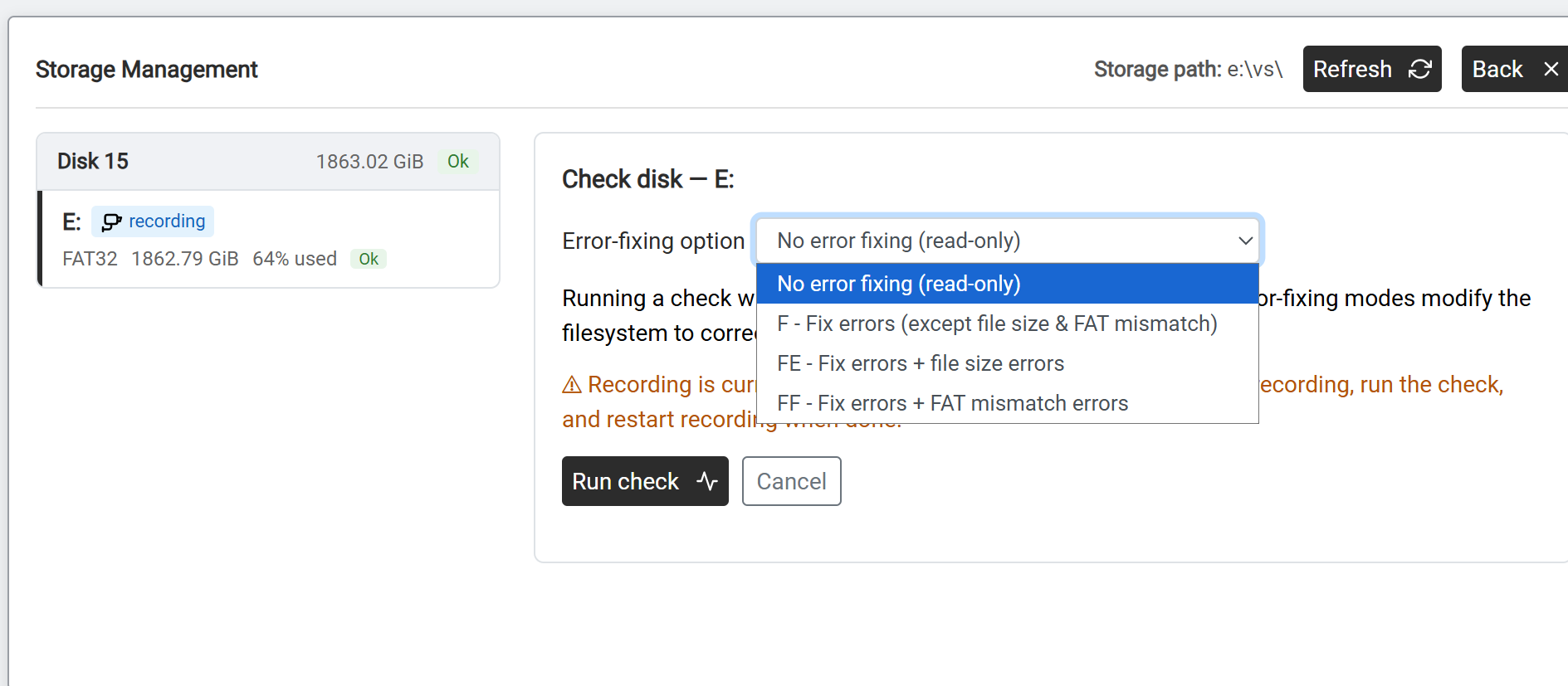 Check disk — the Error-fixing option dropdown showing No error fixing, F, FE, and FF.