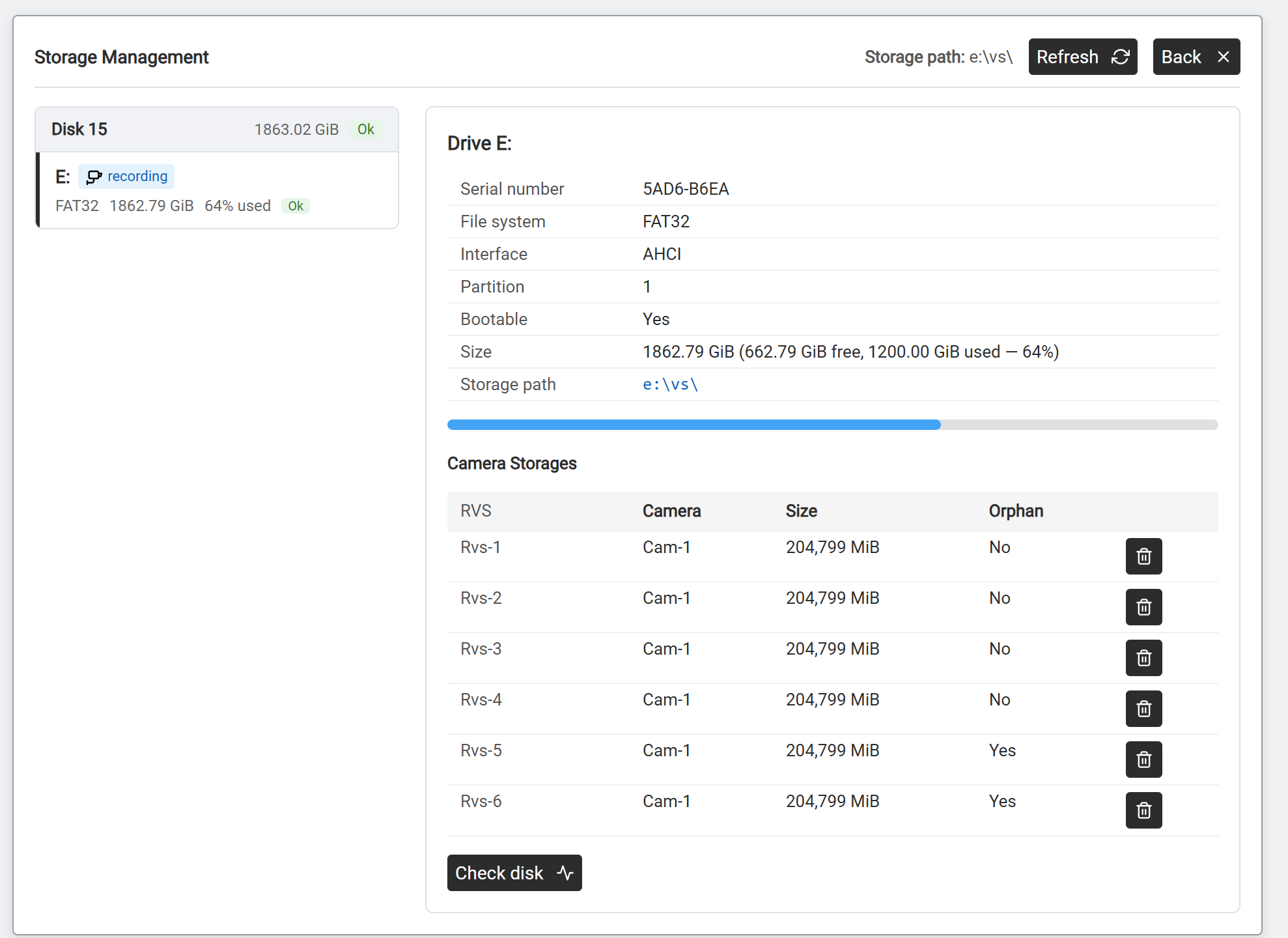 Storage Management — disk list, drive detail, and per-camera Camera Storages table.