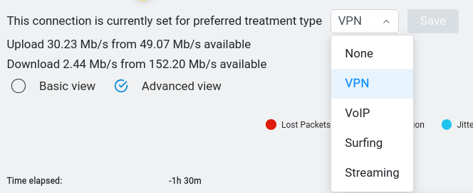 The preferred treatment type dropdown open, showing None, VPN, VoIP, Surfing and Streaming.