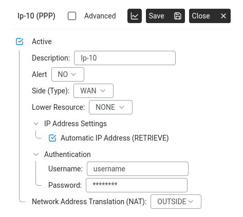 PPPoE resource showing Authentication fields and NAT OUTSIDE.