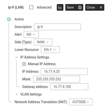 Static WAN resource with manual IP address, mask, and gateway.