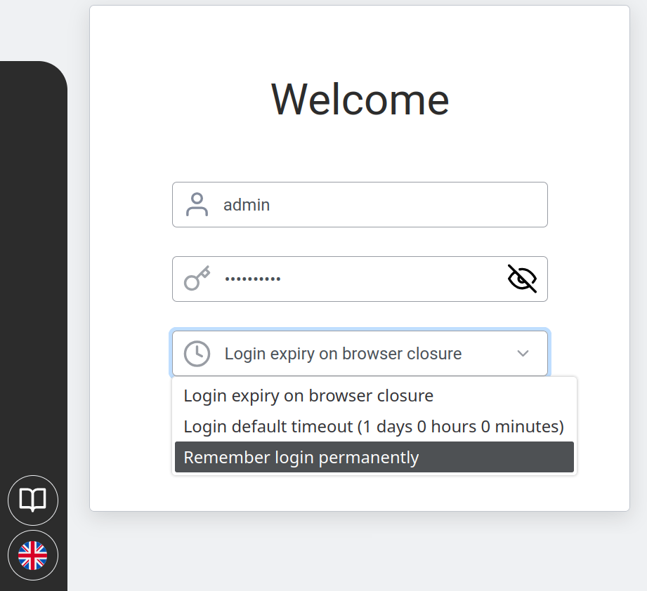 Session duration dropdown showing the three login expiry options.